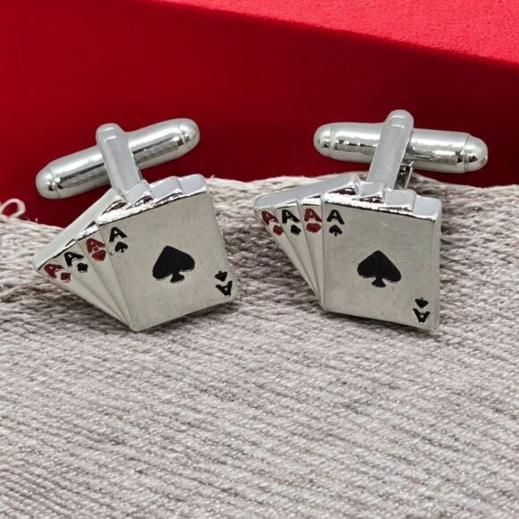 Four Aces Cufflinks Men's Tuxedo Prom Wedding Formal Poker Player Texas Hold Em - Picture 6 of 6